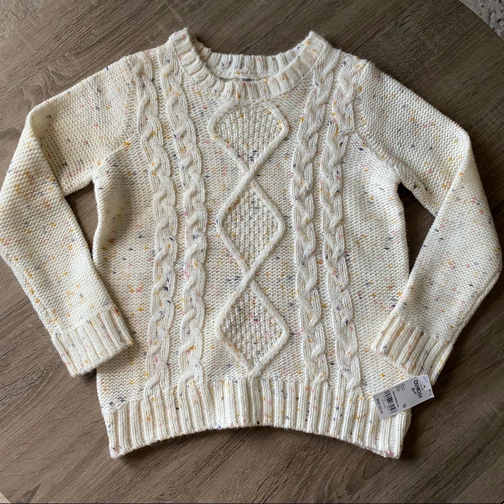 Oshkosh B’gosh Girls Crochet Cable Knit Sweater White Cream Tan Ivory NWT 10
